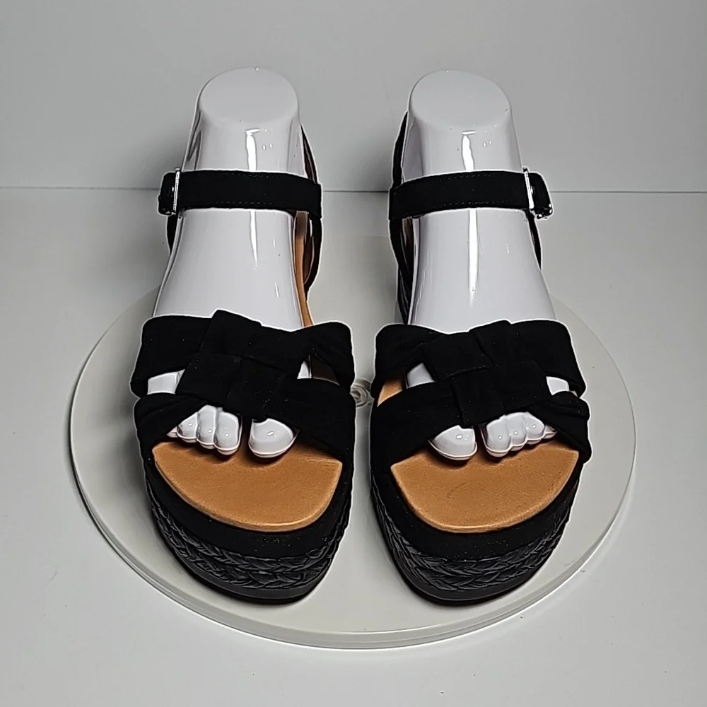 UGG Neusch Sandals Platforms Shoe Adjustable Strap Suede Leather Rafia Black 9